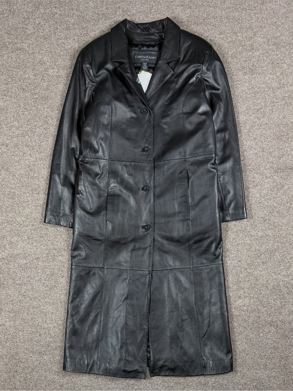 Centigrade Black Leather Single Breasted Long Trench Coat Womenās Medium Y2K NWT